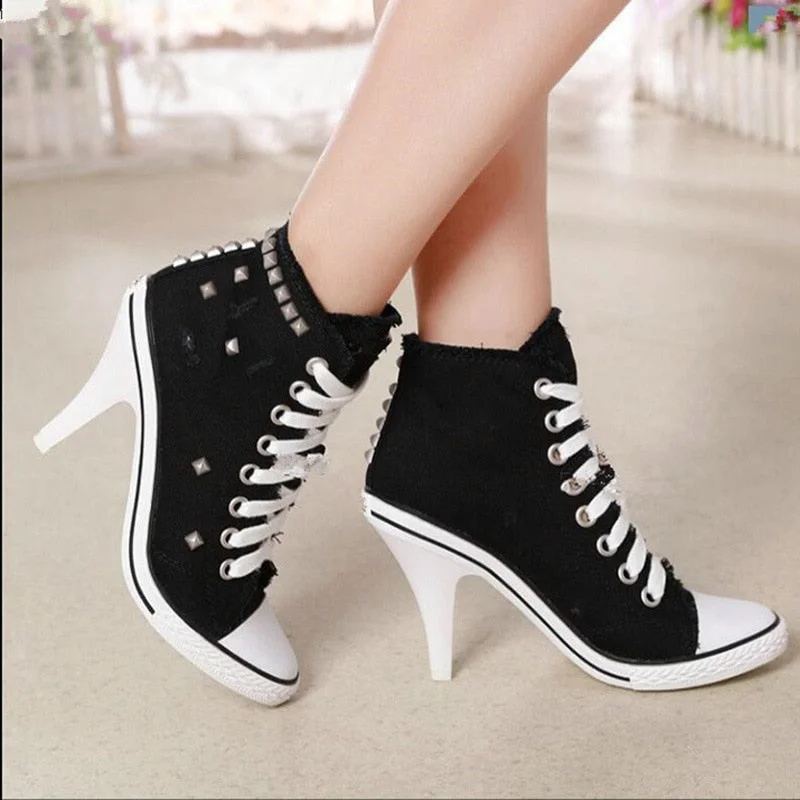 Comemore Women Canvas Shoes Denim High Heels Rivets Shoes Fashion Shoe Spring Sneakers Women's Pumps Black Blue Autumn New 2023