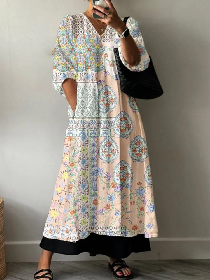 Women's Patchwork Pattern Art Collage Art Print Pocket V-neck Cotton Dress