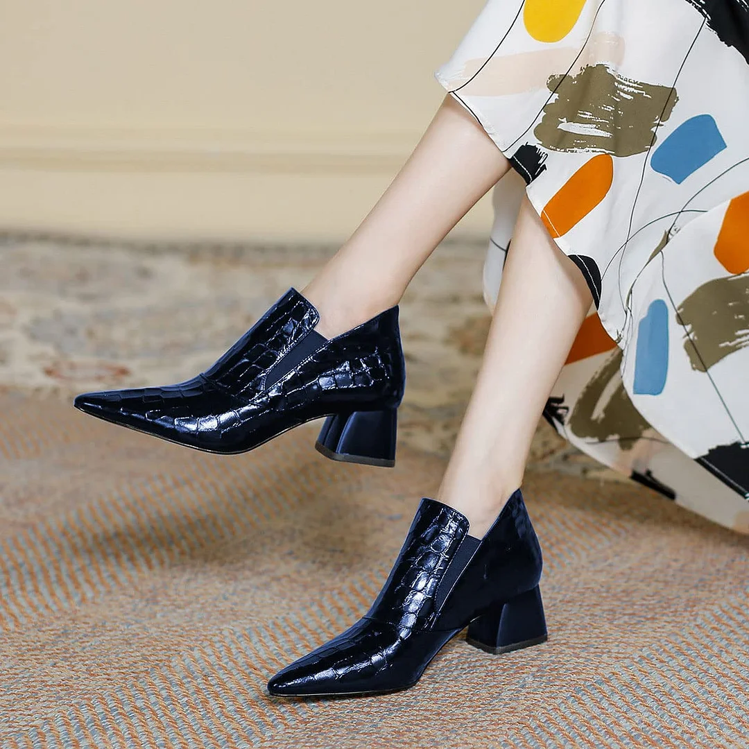 Dark Blue Croc-Embossed Vegan Leather Back-Zip Block Heel Ankle Boots