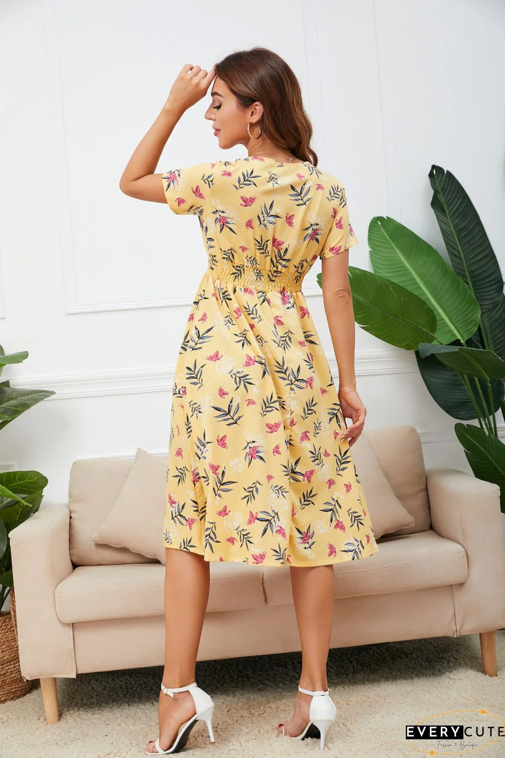 Floral Print Paneled Short Sleeves Elegant A-line Midi Dress