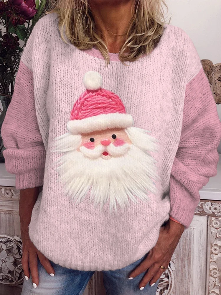 Damen niedliche 3D-Weihnachtsmann-Kontrast farbe Rundhals Langarm Alltags mode Strick pullover