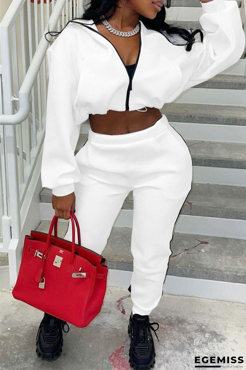 White Fashion Casual Solid Patchwork Zipper Collar Two Pieces | EGEMISS