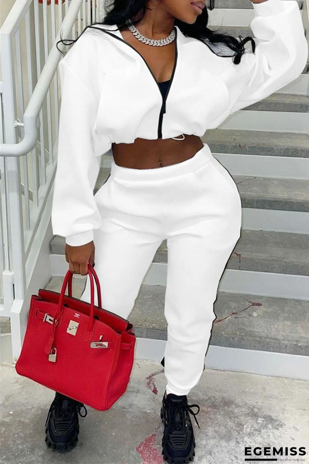 White Fashion Casual Solid Patchwork Zipper Collar Two Pieces | EGEMISS