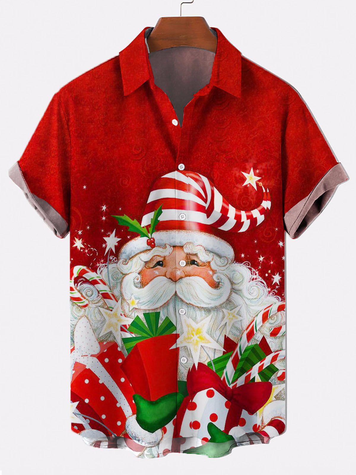 Men Christmas Santa Claus Print Pocket Front Short Sleeves Shirt PLUSCLOTHESMAN