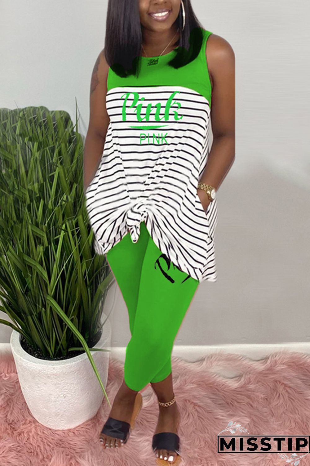 Pink Fashion Casual Striped Letters Printing Sleeveless Set