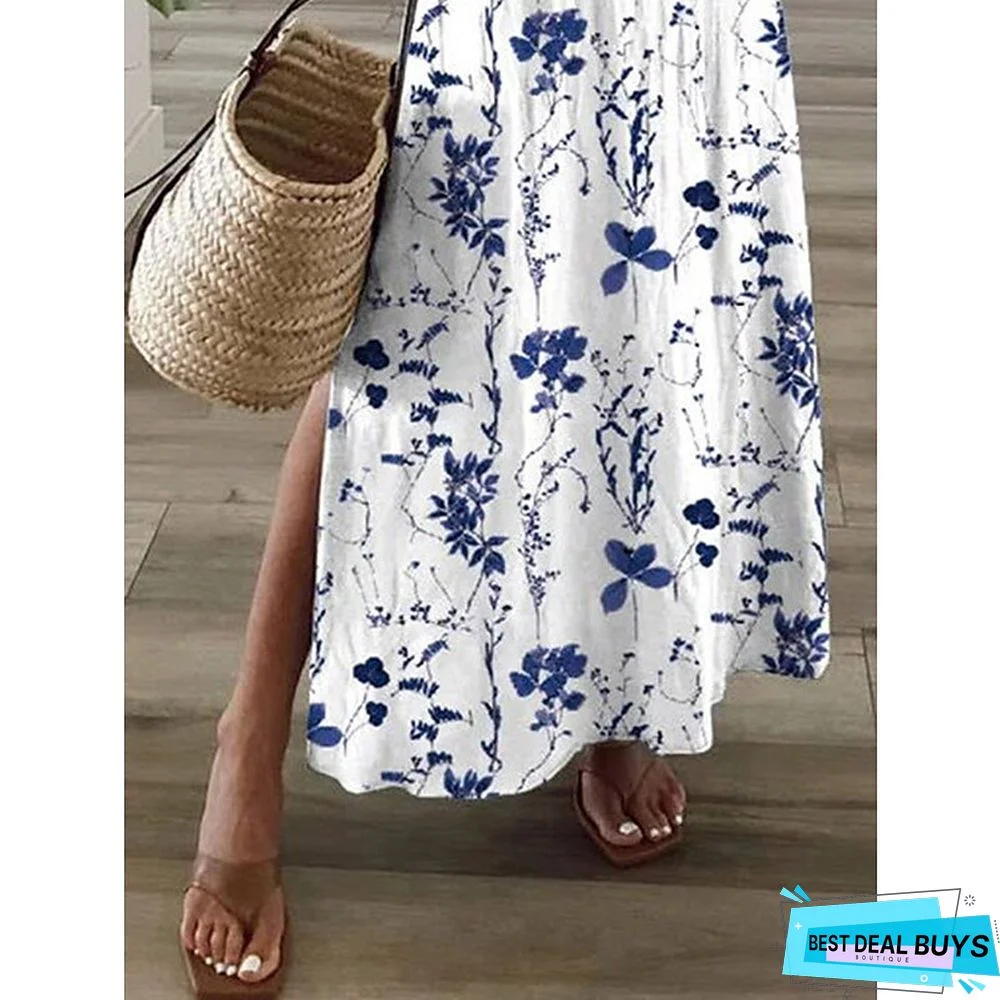 Women's Long Dress Maxi Dress Casual Dress A Line Dress Print Dress Flower Fashion Streetwear Daily Date Vacation Split Print Short Sleeve V Neck Dress Regular Fit Blue Spring Summer S M L XL XXL