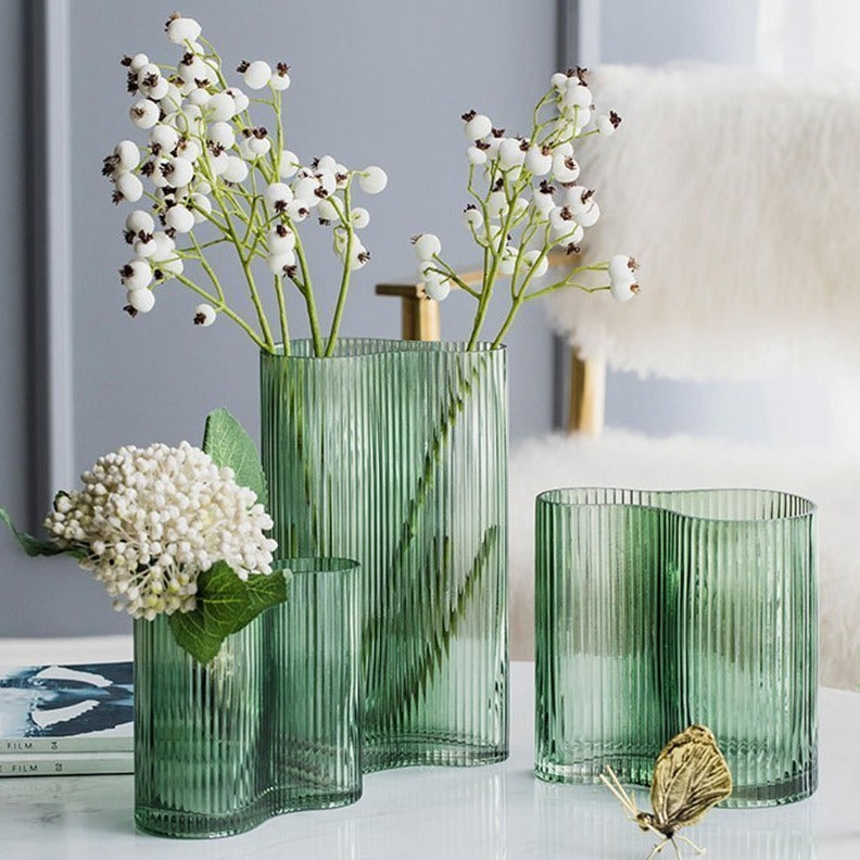 Nordic Modern Style Vertical Pattern Transparent Green Glass Flower Vases