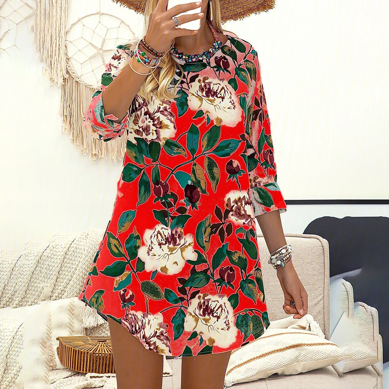  thdmladies Cotton Linen Long Sleeved Flower Dress thedmladies