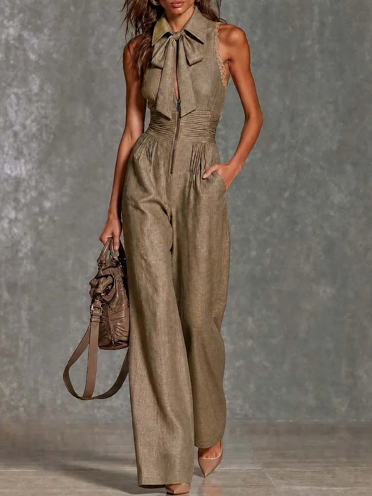 Vintage Collar Tie Sleeveless Lace Trim Smocked Waist Pocket Linen Wide Leg Jumpsuit