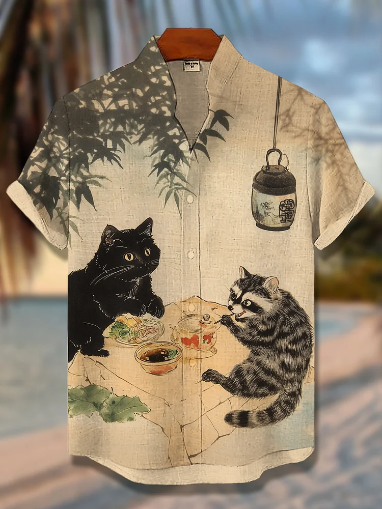 Men's A Black Cat And A Raccoon Enjoying A Japanese Meal Print Short Sleeve Shirt