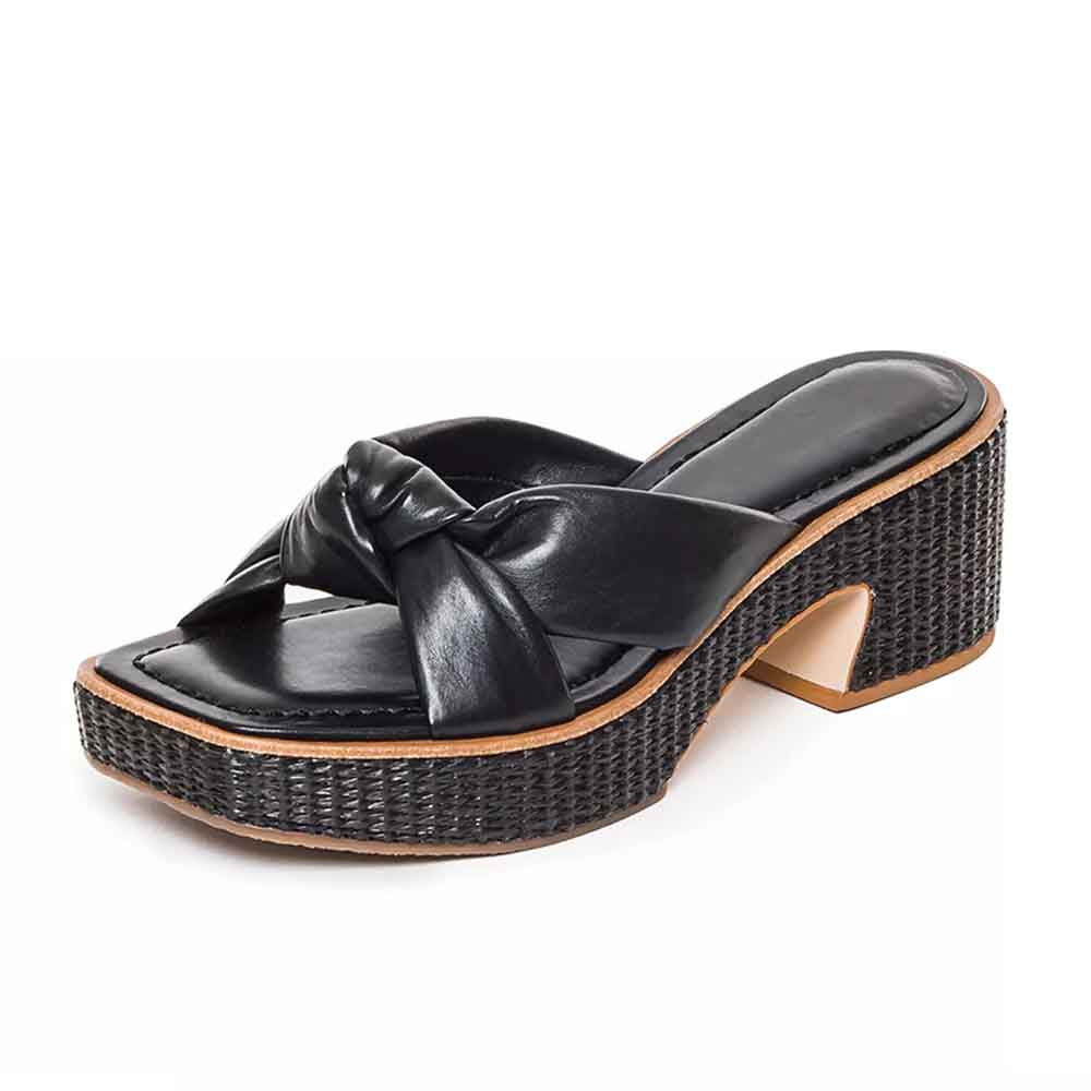 Black Vegan Leather Open Toe Chunky Heel Knot Design Platform Mules Nicepairs