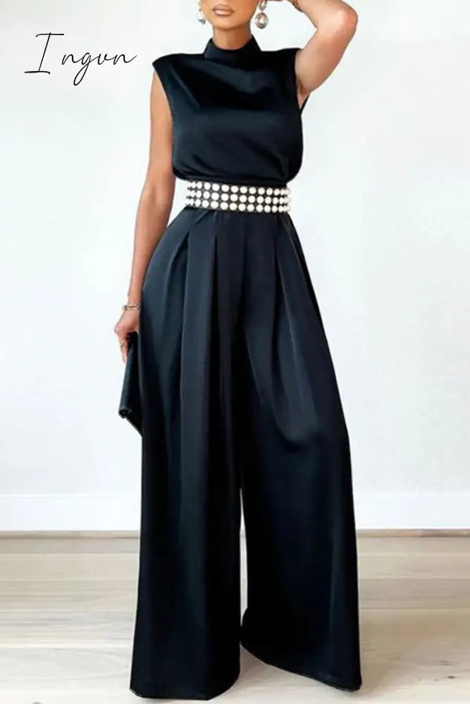 Ingvn - Casual Solid Patchwork Half A Turtleneck Regular Jumpsuits (Without Belt) Black / S &