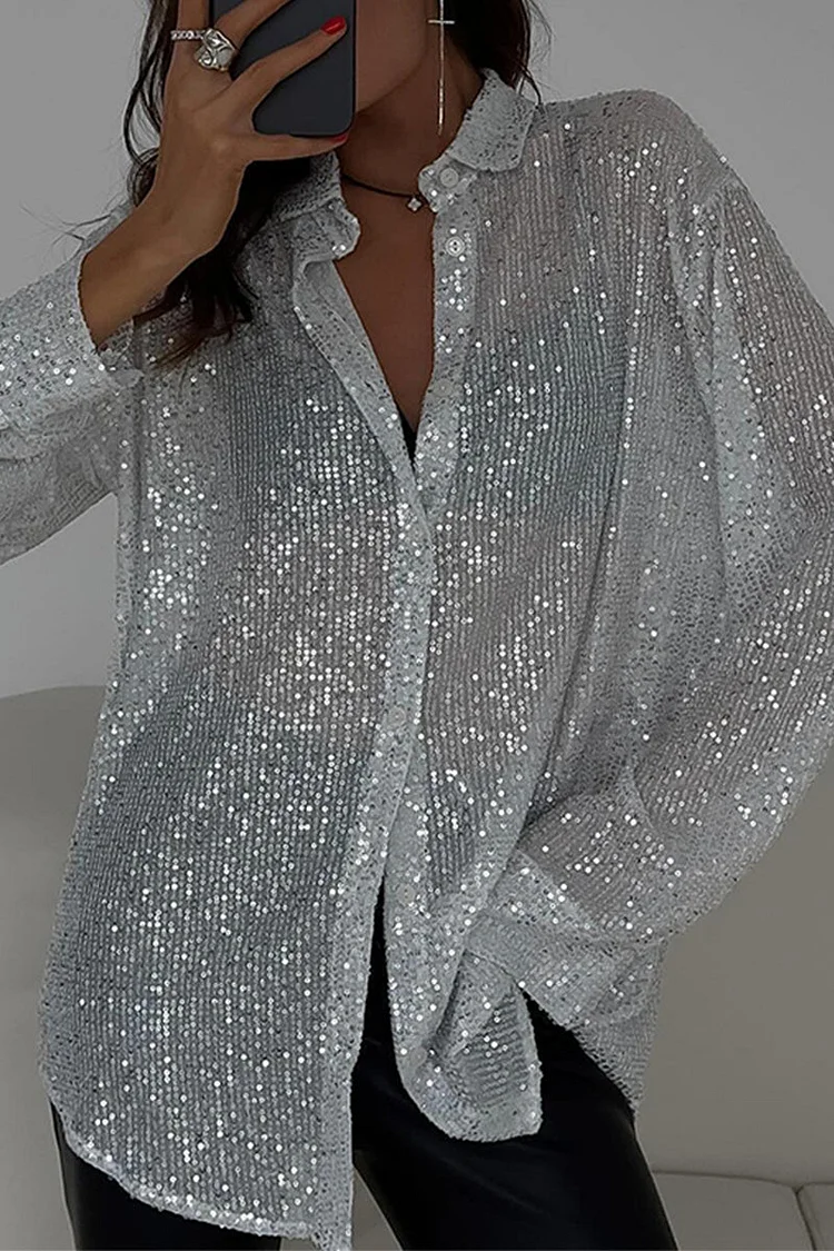 Sexy Solid See-through Sequined Turndown Collar Tops socialshop