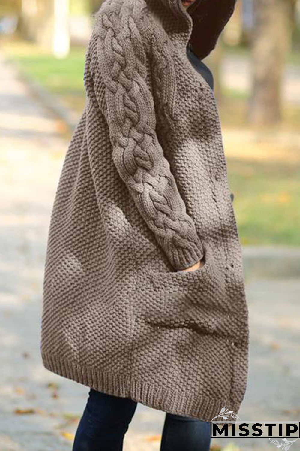 Khaki Casual Solid Cardigan Hooded Collar Outerwear