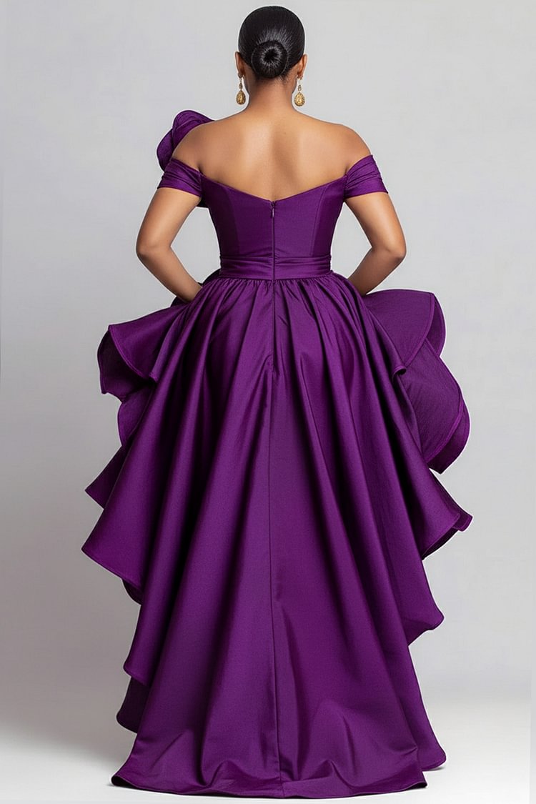 Xpluswear Design Plus Size Evening Gowns Purple One Shoulder 3D Elegant High Low Hem Satin Mini Dresses [Pre-Order]