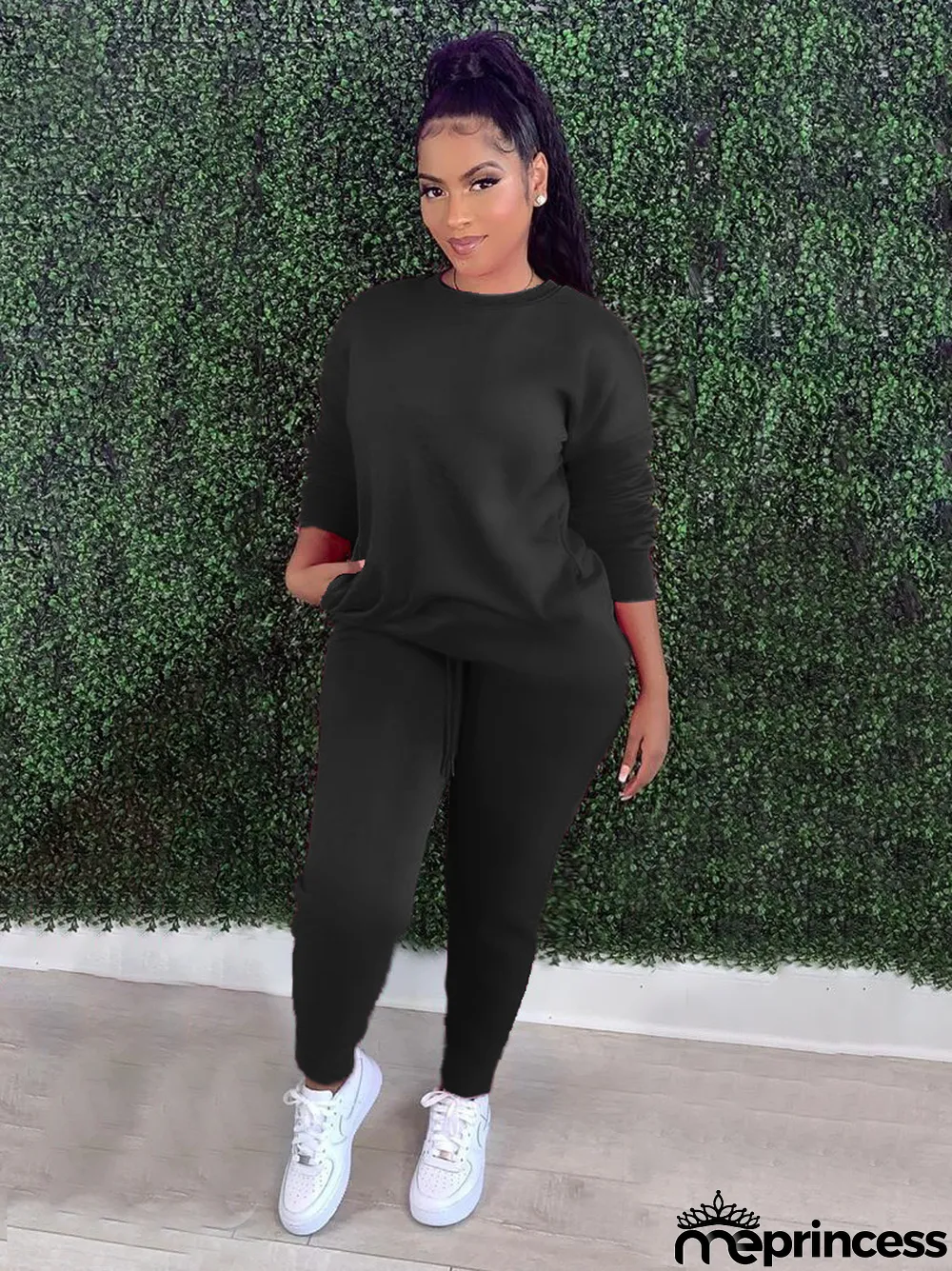 Plus Size Fashion Casual Sports Solid Color Sweatshirts Two Piece Set