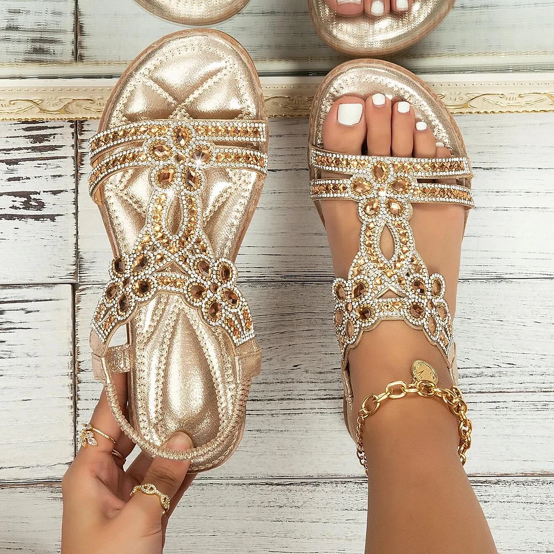 Women's Rhinestone Bohemian Beach Elastic Strap Slingback Sandals Shoes