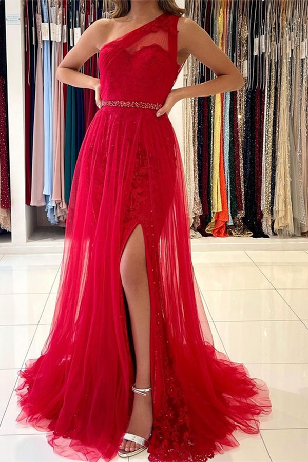 Dresseswow One Shoulder Red Tulle Evening Dress Lace With Slit