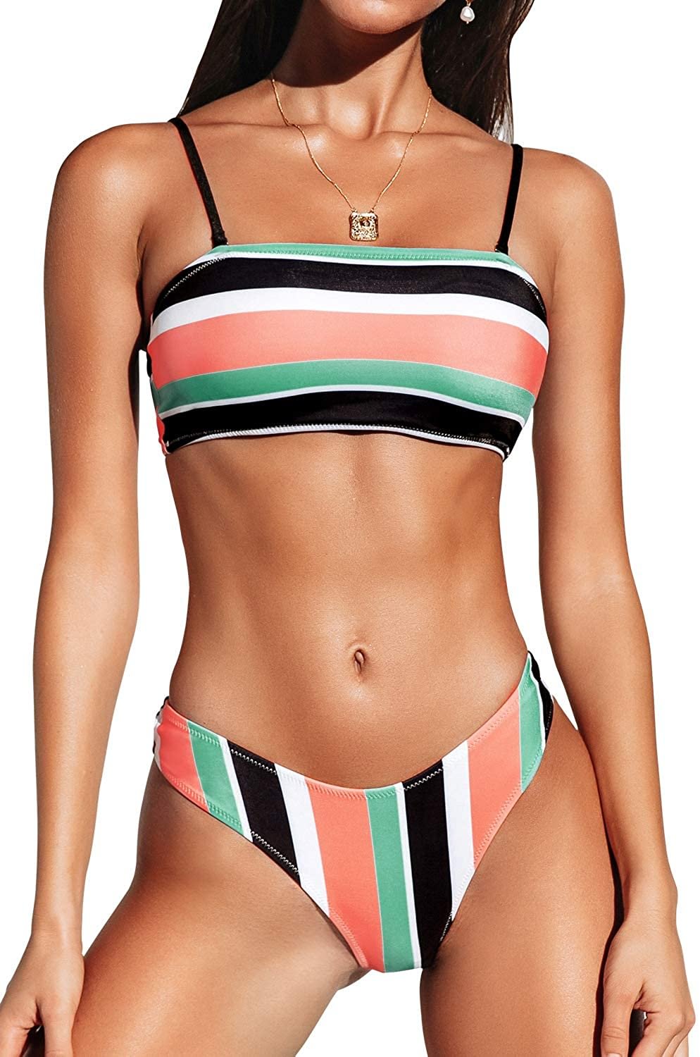 Women's Mid Rise Colorful Striped Bandeau High Leg Bikini Swimsuit Sets