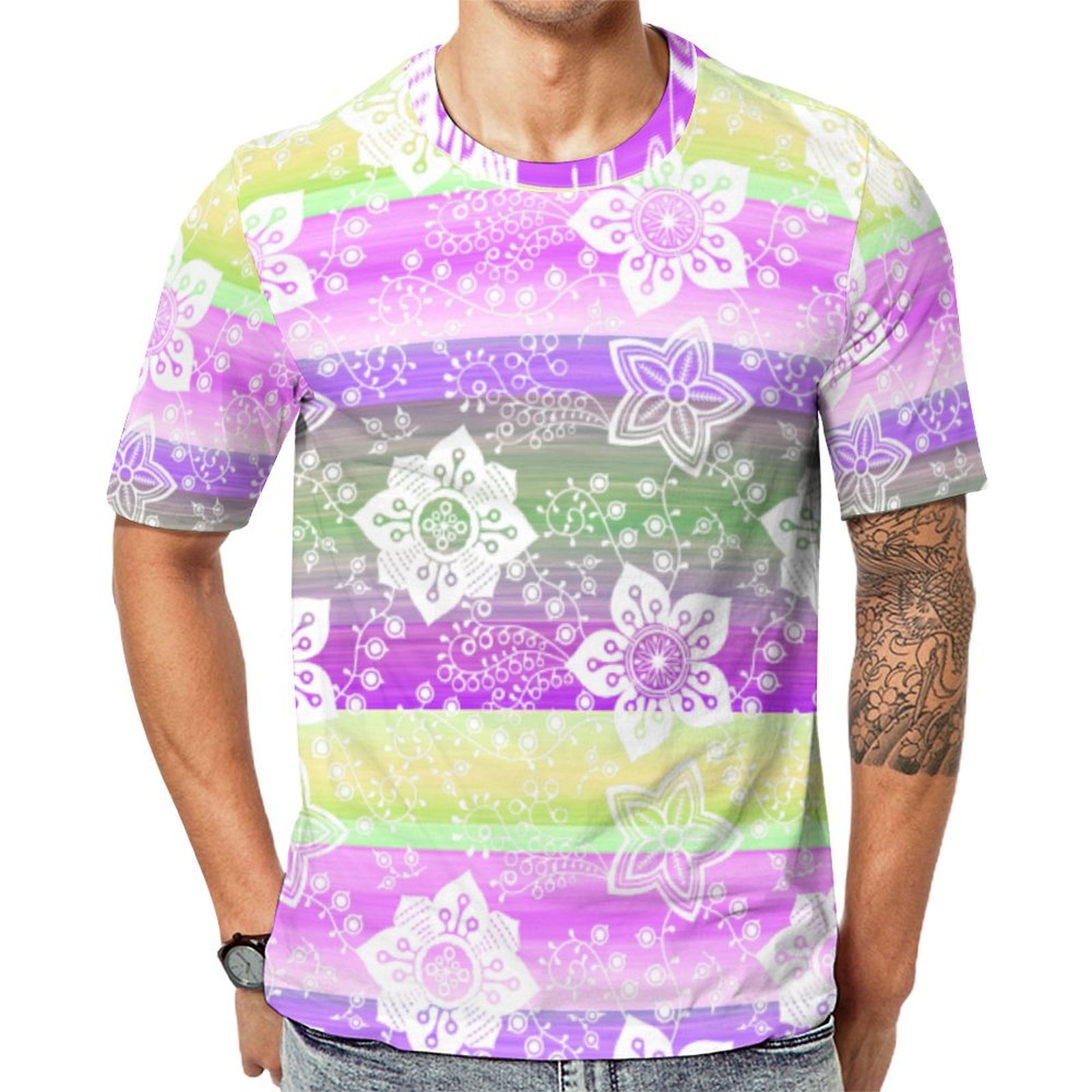 Funky Floral Purple Lime Green Stripes  Short Sleeve Print Unisex Tshirt Summer Casual Tees for Men and Women Coolcoshirts