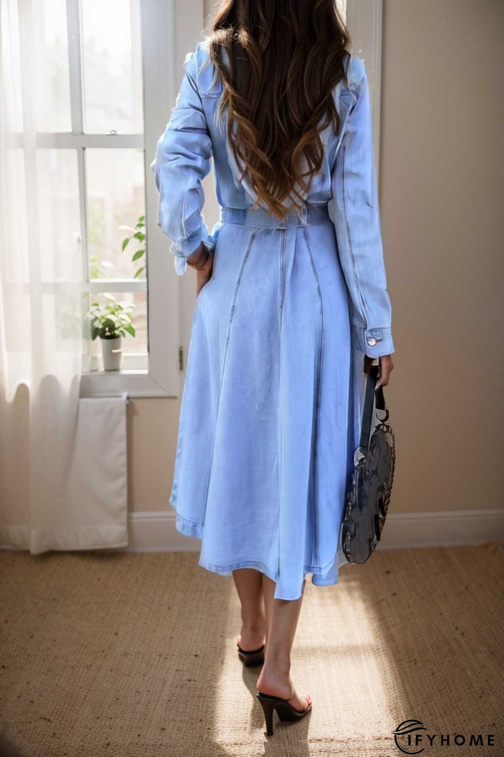 pocket lapel belted long sleeve denim dress | IFYHOME