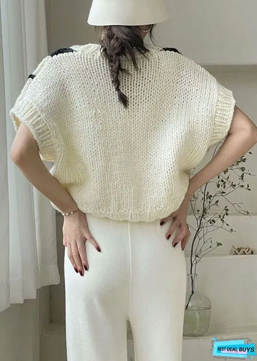 Women White V Neck cozy Knit Tank Tops Sleeveless