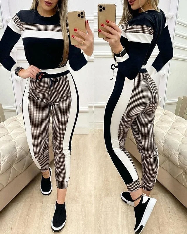 Colorblock crop top & high waisted pants & hooded jacket casual female set 3 piece clothing set sleeve style collar length