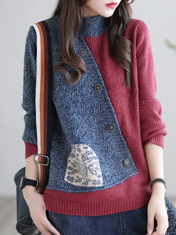 Stitching Solid Color Button Sweater - yankia