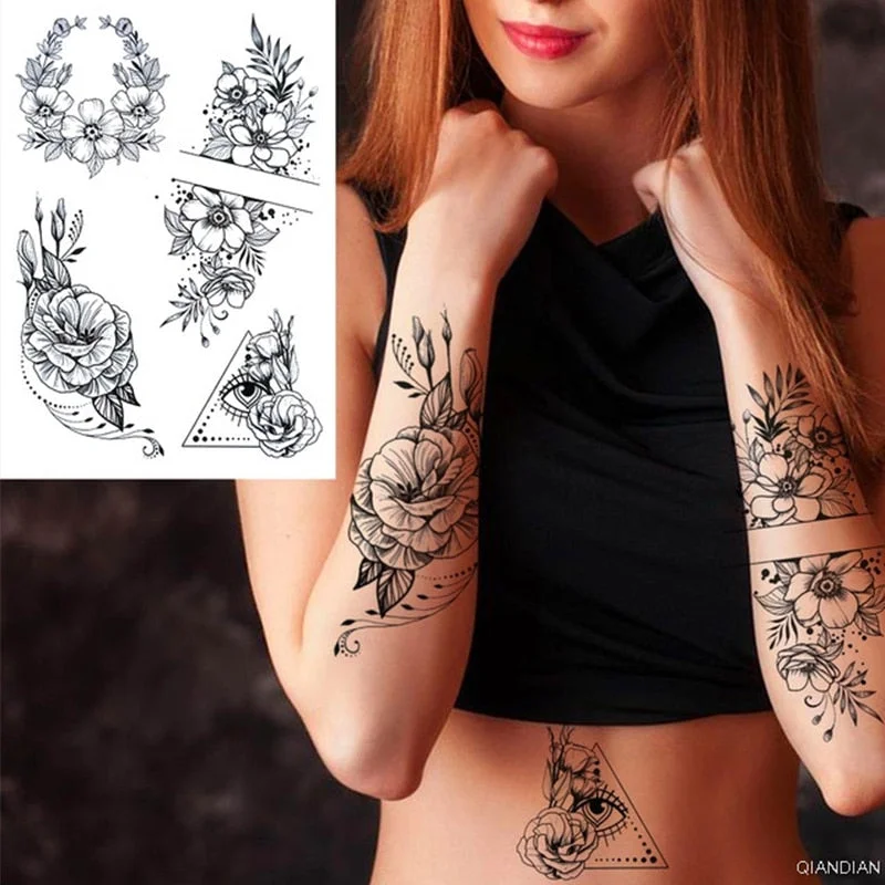 Large Tiger Lion Black Flower Fake Tattoo Sticker For Women Rose Fox BirdTemporary Tattoos DIY 3D Water Transfer Tatoos Girl Man