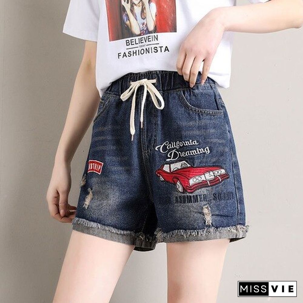Women's Denim Shorts Loose Embroidery Pattern Wide Short Elastic Waist Summer Shorts Jeans Plus Size Clothing for Women 4xl 5xl