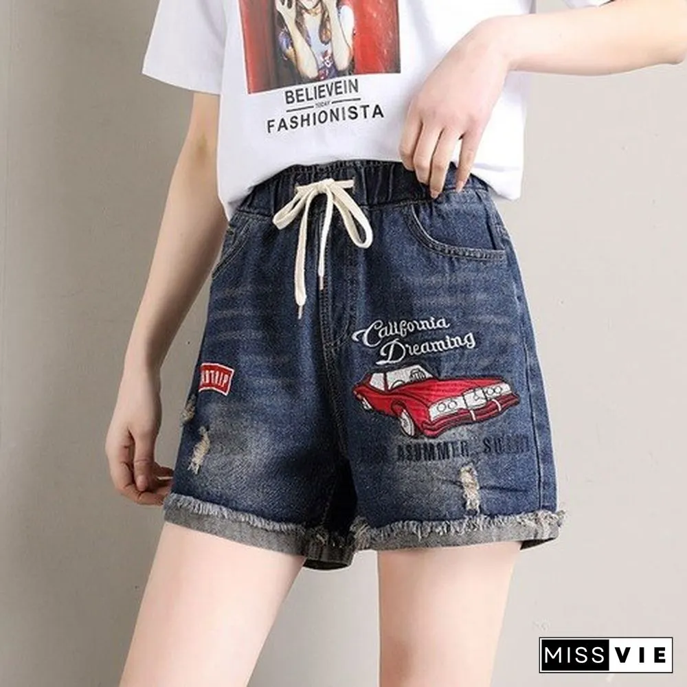 Women's Denim Shorts Loose Embroidery Pattern Wide Short Elastic Waist Summer Shorts Jeans Plus Size Clothing for Women 4xl 5xl