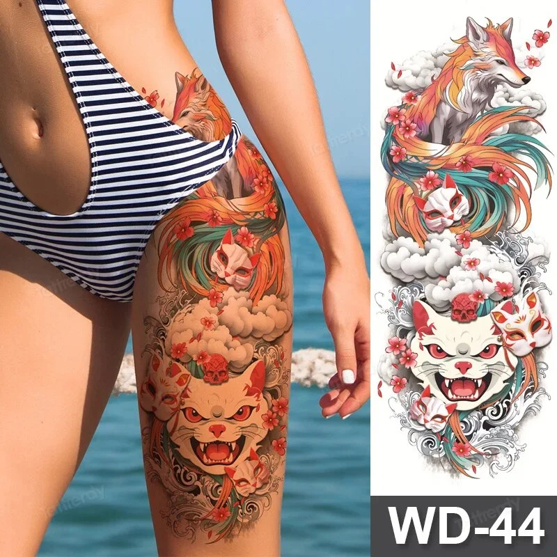 Sdrawing Size Leg Thigh Temporary Tattoo Stickers Full Arm Sleeve Wolf Carp Fox Peony Flower Fake Tattoo Sleeves Sexy Body Painting