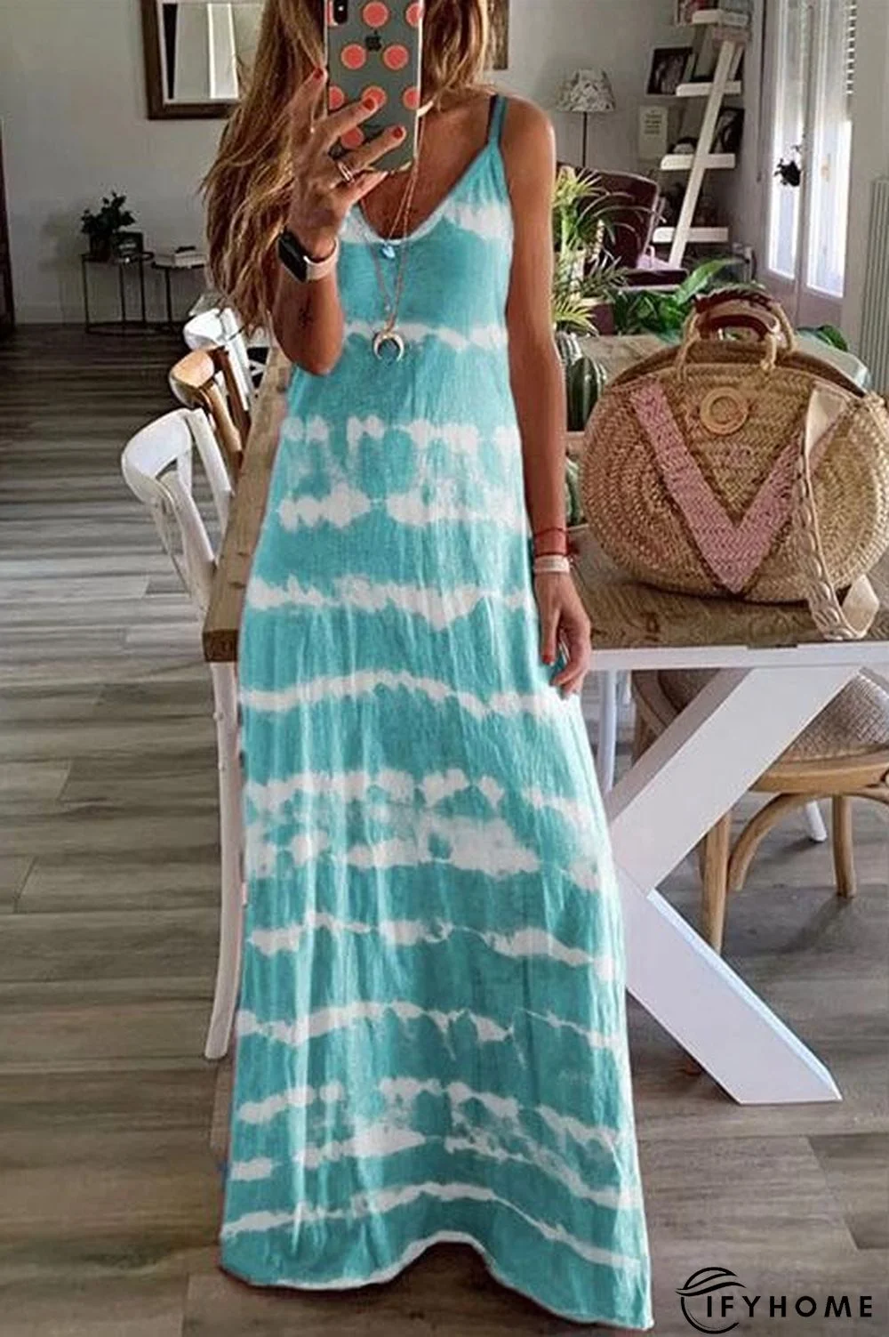 V Neck Spaghetti Strap Tie Dye Casual Maxi Dress(3 Colors) | IFYHOME