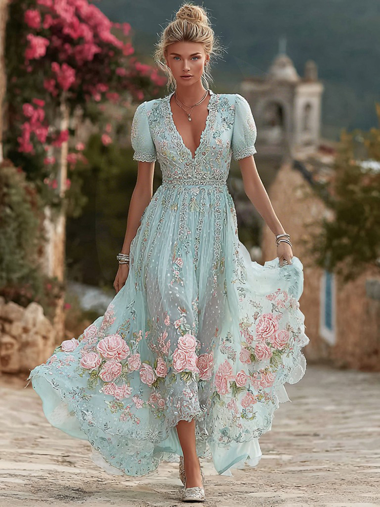 Women's Vintage Bohemian Floral Embroidery Casual Short Sleeve Dress Women's Vintage Bohemian Floral Embroidery Casual Short Sleeve Dress - Image 1