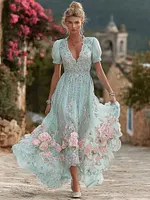 Women's Vintage Bohemian Floral Embroidery Casual Short Sleeve Dress