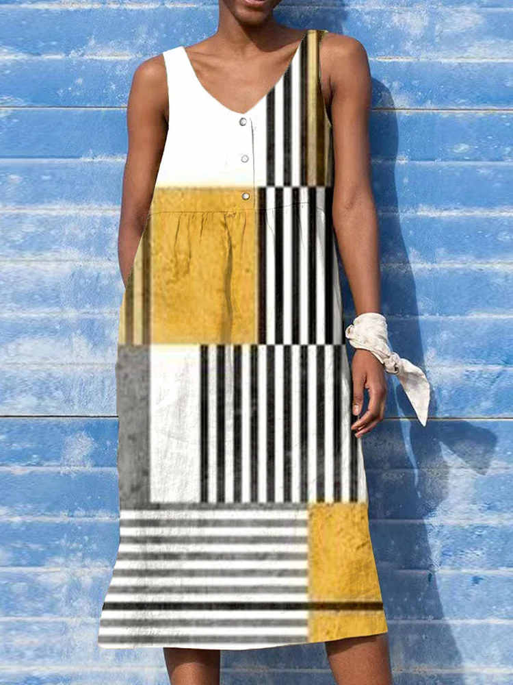Women's Minimalist Art Abstract Geometric Lines Print Sleeveless Cotton And Linen Dress