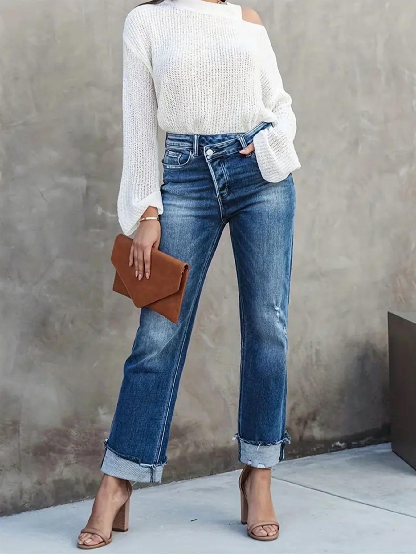 Women's Solid Color Jeans, Casual Comfy Denim Pants for Daily Wear, Ladies Bottoms for All Seasons