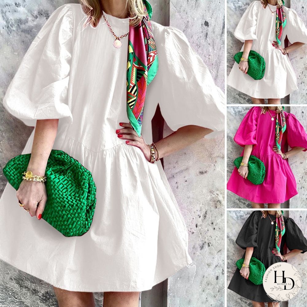 Women's Fashion Summer Mini Dress Plus Size Solid Color 3/4 Sleeve Tunic Dress Holiday Party Blouse Dress Kleid