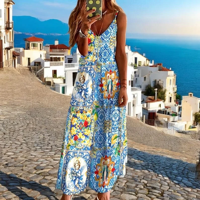 Abito lungo alla caviglia con bretelle estive in mosaico mediterraneo Angel Lemon