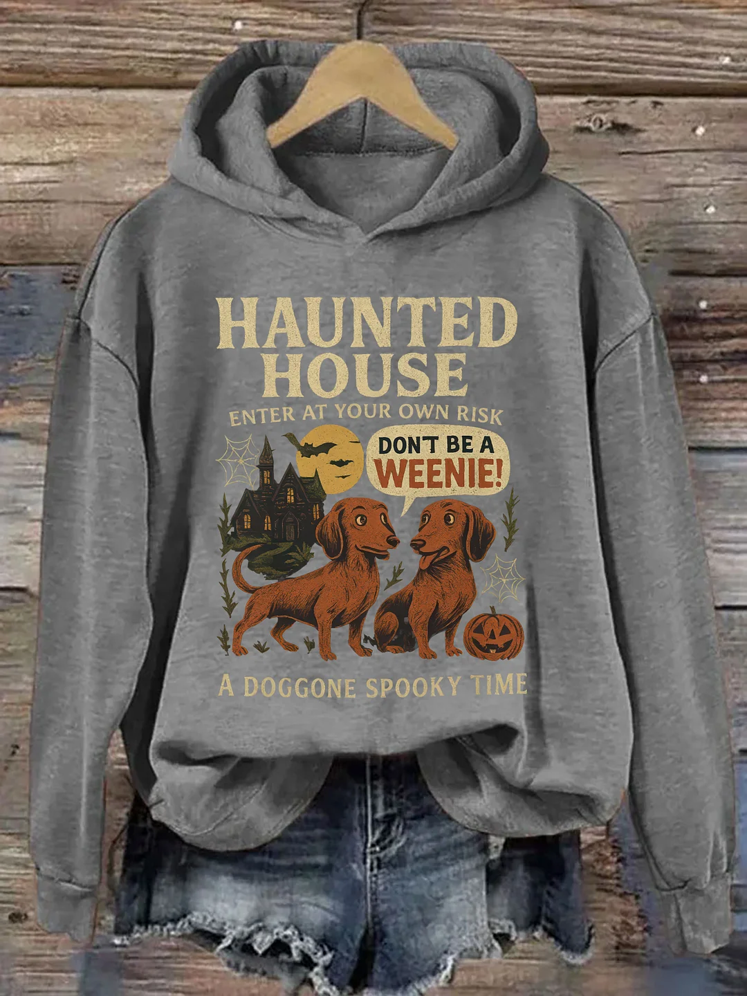 Vintage Haunted House Halloween Spooky Dachshund Hoodie