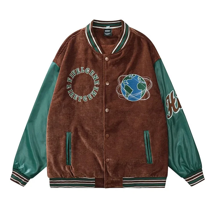 Wlkwo Wlkwo   Rotating Globe Pattern Embroidery Bomber Jacket Men Leather Splicing Sleeve Spring Fall Retro Loose Baseball Uniform Casual Coat