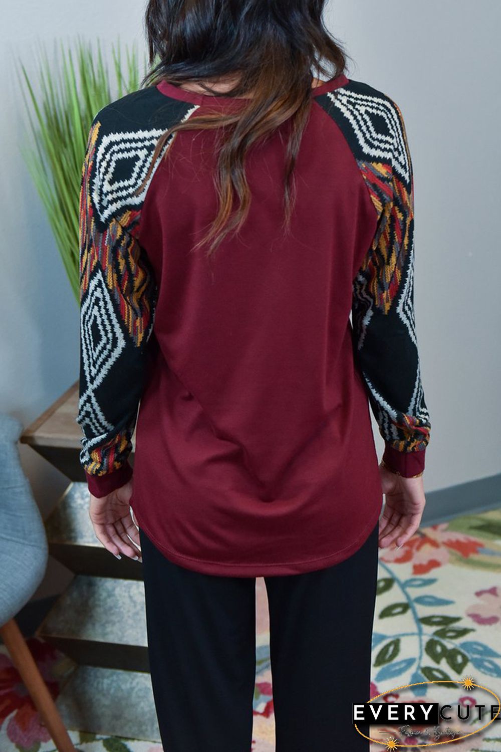 Wine Ethnic Print Raglan Top