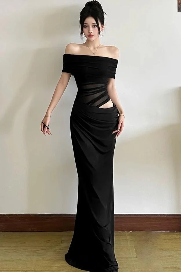 Hellodresses Off the Shoulder Strapless Sleeveless Long Prom Dress With Pleated