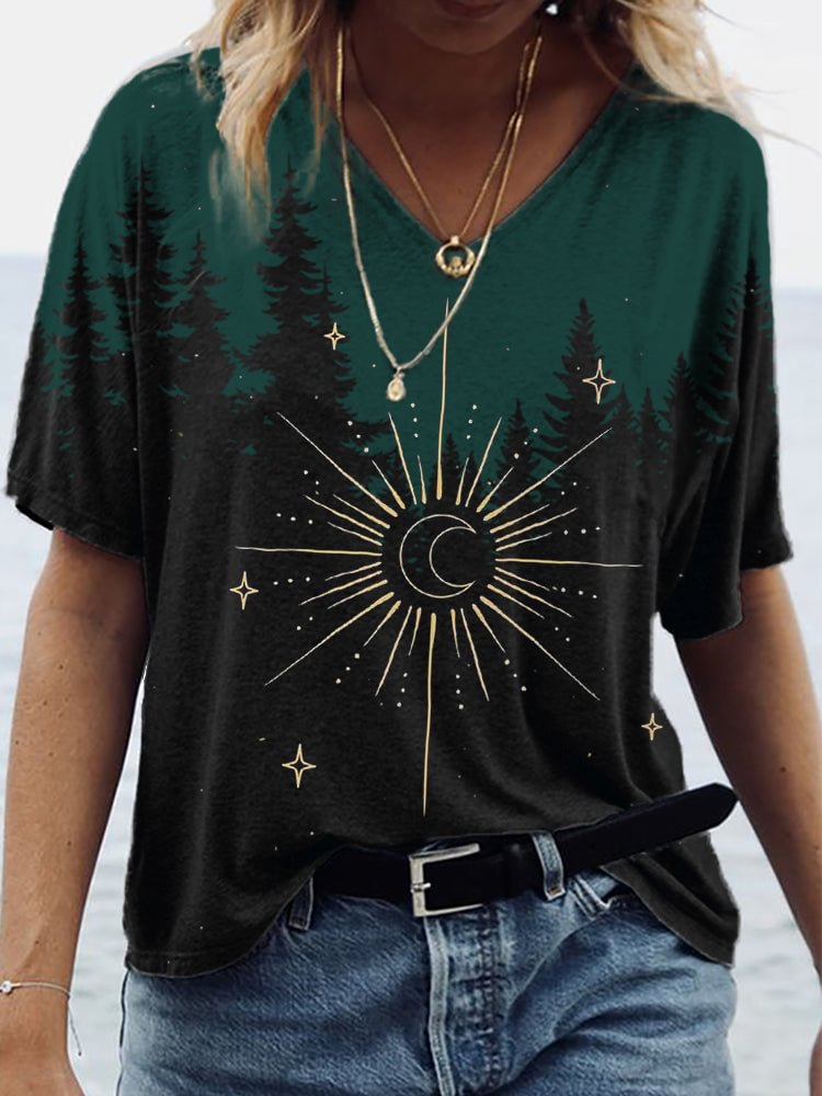 Moon Totem Dark Forest V Neck T Shirt