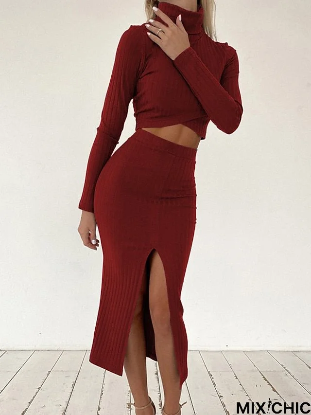 Women's Casual Dress Two Piece Dress Bodycon Midi Dress Black Wine Army Green Long Sleeve Pure Color Split Winter Fall Spring High Neck Fashion Daily Slim 2023 S M L XL XXL 3XL