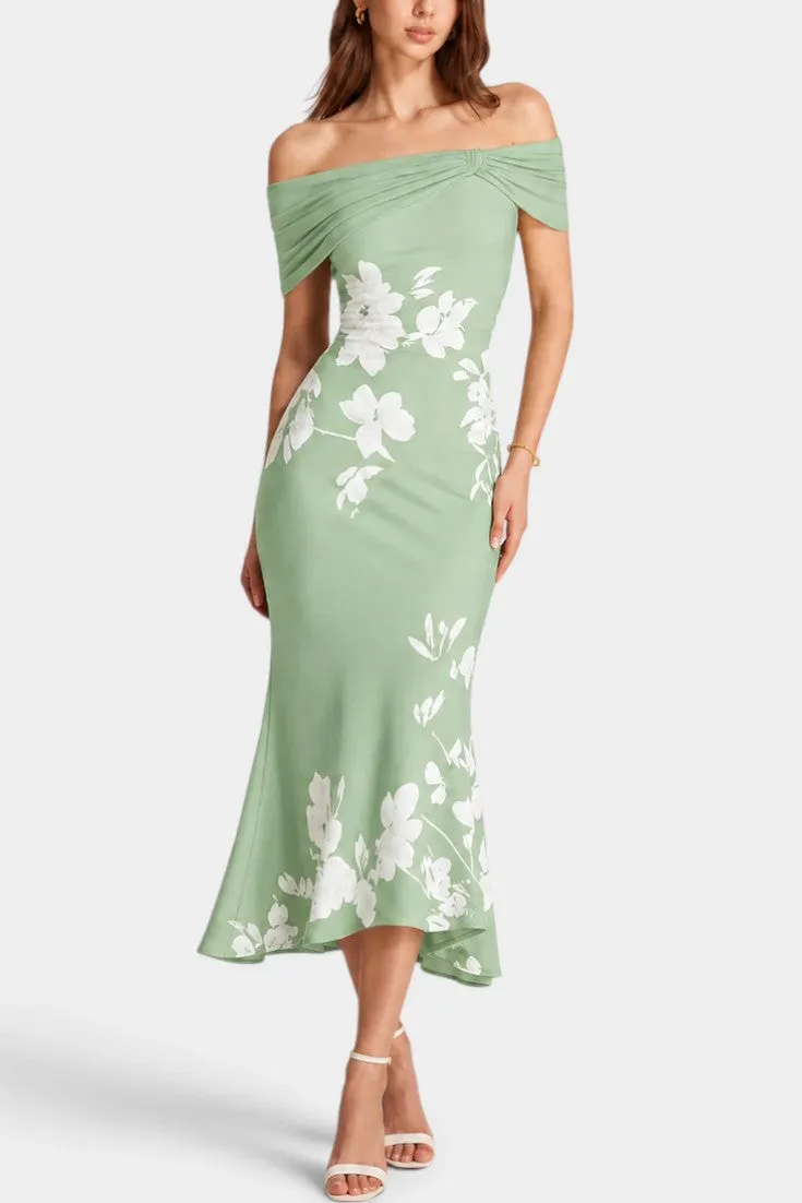 Off-Shoulder Floral Midi Dress with Asymmetrical Hem