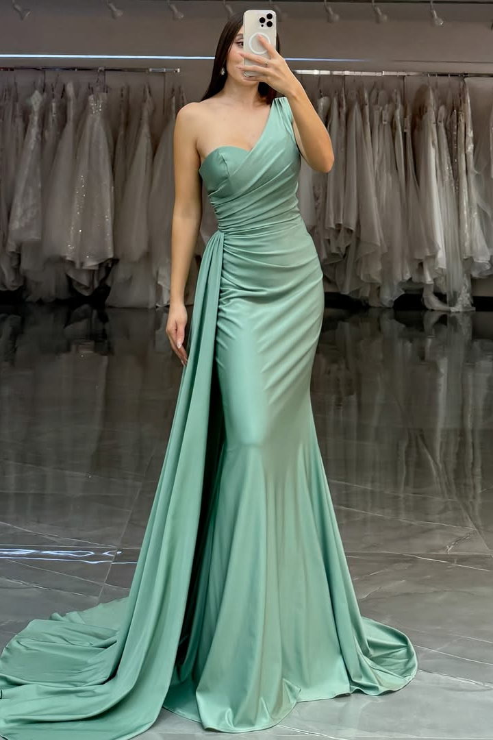 Bellasprom Sage Green One Shoulder Sleeveless Mermaid Prom Dress With Ruffles Online Bellasprom