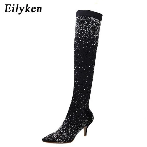 Eilyken New Design Fashion Pointed Toe Bling Over Knee Boots Crystal Long Sock Women Boots High Heel club Sock Boots size 35-43