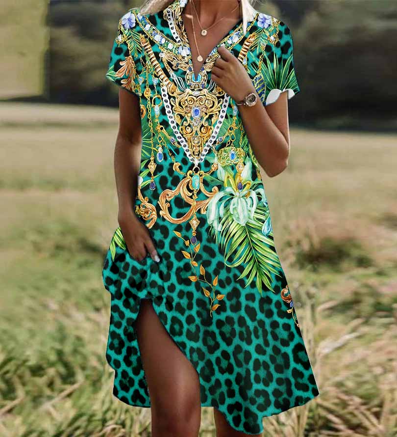 Women Half Sleeve V-neck Solid Color Dress