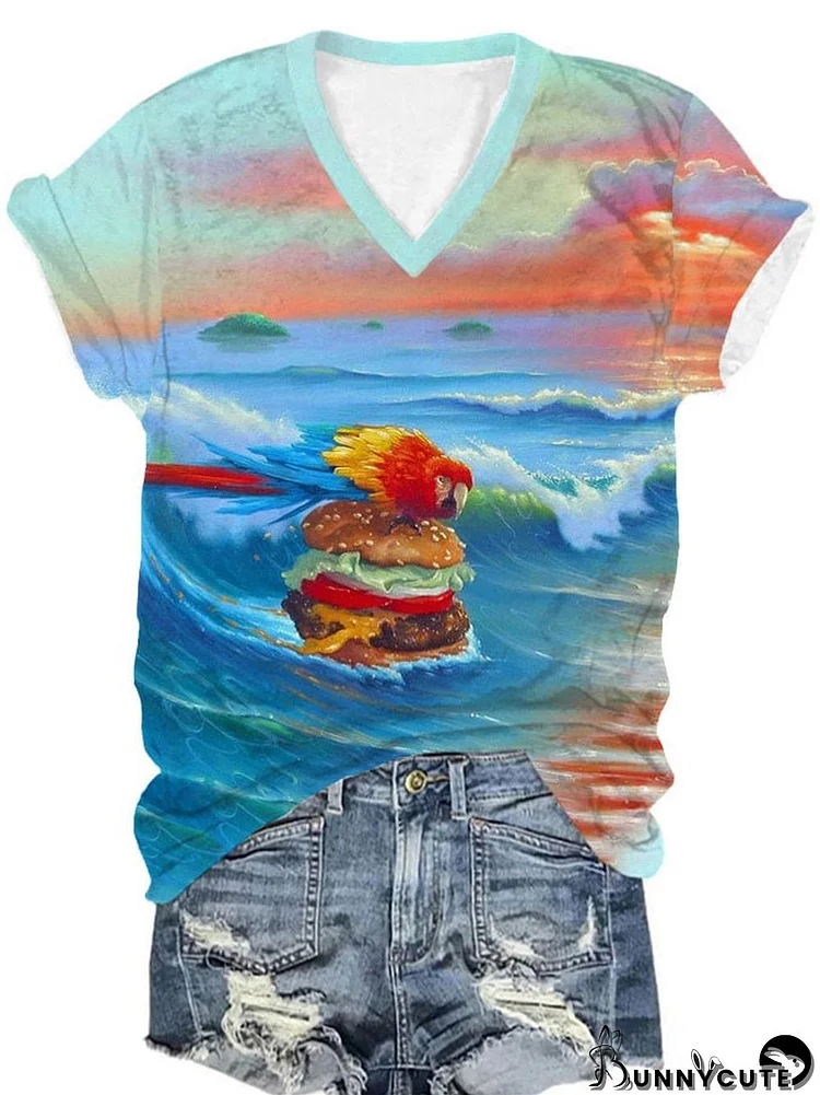 Women's parrothead and Cheeseburger Print V-Neck T-Shirt